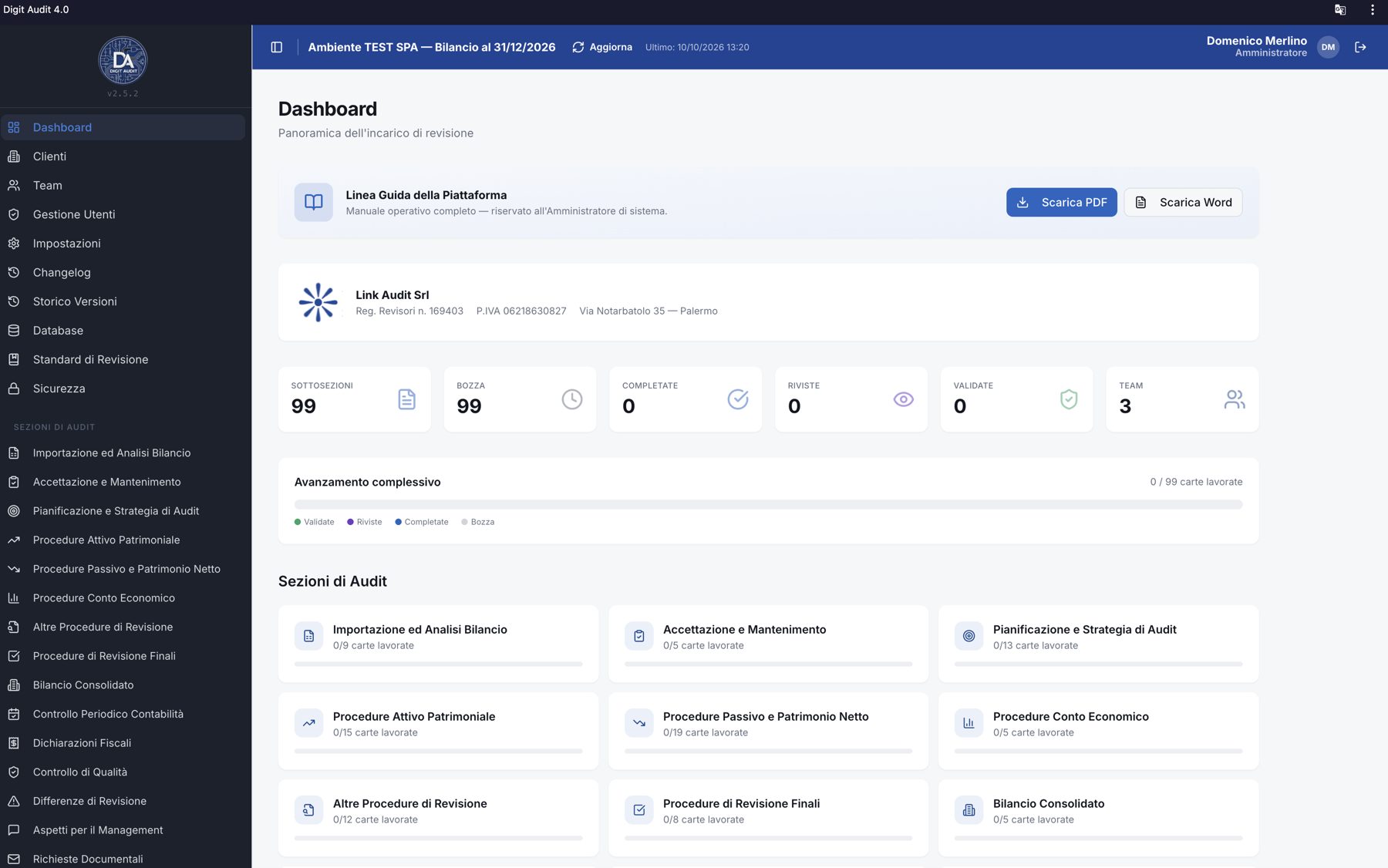 Dashboard dell’incarico in Digit Audit 4.0 con dati di prova